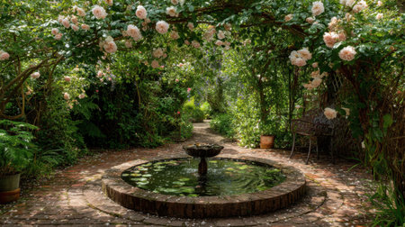 Discover a peaceful garden featuring a charming pathway adorned with blooming roses and a tranquil fountain, inviting relaxation and serenity.の素材