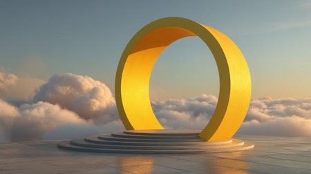 A striking yellow circular archway rests above fluffy clouds, creating a dreamlike scene that captures imagination and serenity, ideal for artistic themes.の素材