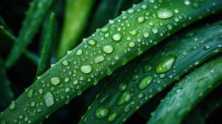 Close-up view of a green aloe vera leaf adorned with sparkling water droplets, highlighting its textured surface and vibrant color.の素材