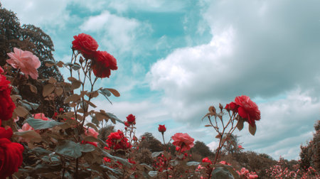 A stunning view of red and pink roses against a bright sky filled with fluffy clouds, showcasing the tranquility and beauty of nature in a garden setting.の素材