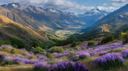 Explore a stunning mountain valley where vibrant purple flowers bloom amidst green hills, with majestic peaks rising in the background under a dynamic sky.の素材