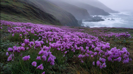 A breathtaking view of vibrant purple wildflowers carpeting coastal cliffs, surrounded by mist and overlooking crashing ocean waves.の素材