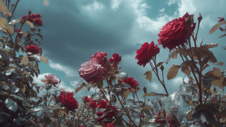 A stunning view of vibrant roses in various shades, set against a dramatic cloudy sky. Perfect for nature and garden enthusiasts.の素材