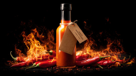 A striking composition featuring a bottle of hot sauce surrounded by vibrant red chili peppers and dynamic flames, evoking heat and spice.の素材