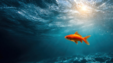 A stunning goldfish glides effortlessly through crystal clear ocean waters, basking in golden rays of sunlight that create a serene underwater atmosphere.の素材