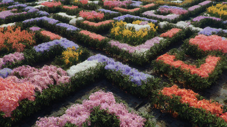 A stunning aerial view of a garden showcasing intricate floral patterns, bursting with vibrant colors and incredible designs, perfect for nature lovers.の素材
