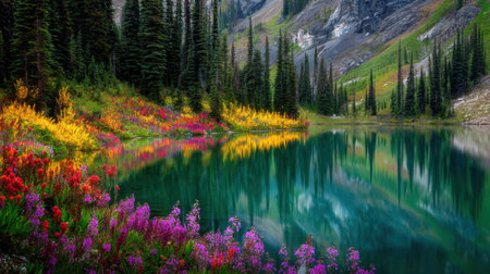 A peaceful mountain lake reflects the surrounding greenery and colorful wildflowers, creating a serene and calm atmosphere for outdoor enthusiasts and nature lovers.の素材