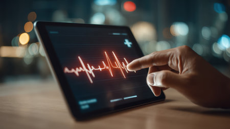 A close-up view of a hand interacting with a tablet displaying heartbeat data, showcasing the integration of modern technology in healthcare solutions.の素材