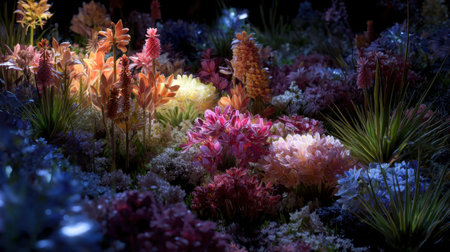 A stunning arrangement of colorful flowers showcases a diverse array of blooms illuminated softly in a dark setting, creating a tranquil and beautiful scene.の素材