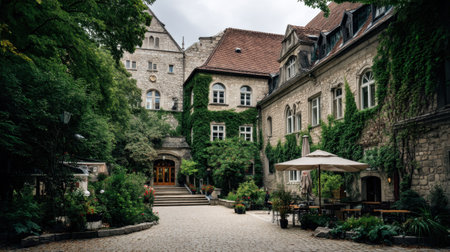 A serene courtyard situated in a historic building, covered in ivy and surrounded by lush plants, offers a tranquil outdoor space perfect for relaxation.の素材