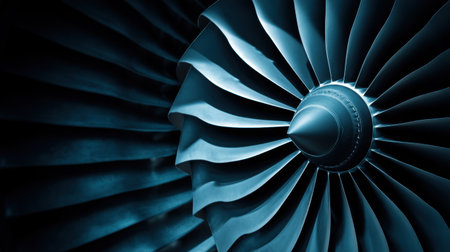 This close-up image captures the intricate design of a turbine engine blade, showcasing its metallic texture and engineering precision, ideal for aviation projects.の素材