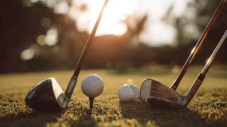 This captivating image captures golf clubs and balls positioned on a vibrant green lawn, illuminated by the warm glow of a sunset. Ideal for sports enthusiasts and nature lovers.の素材