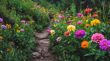 A vibrant pathway meanders through a colorful garden filled with blooming flowers, creating a serene and picturesque natural landscape.の素材