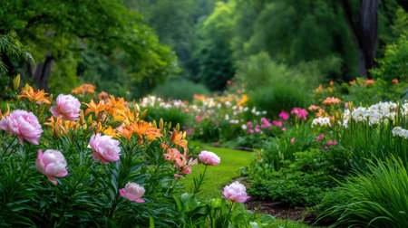 A stunning flower garden filled with peonies and lilies showcases vibrant colors and lush greenery, offering a serene escape in nature.の素材