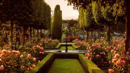 Captivating view of a stunning rose garden at sunset, showcasing vibrant roses, lush greenery, and an elegant symmetrical design with a fountain.の素材