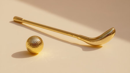 Golden golf club and ball presented on a soft background, showcasing luxury and elegance. Perfect for sports enthusiasts and lifestyle projects.の素材