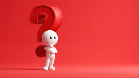 A simple 3D character stands in front of a large red question mark, representing curiosity and decision-making in a minimalist style.の素材