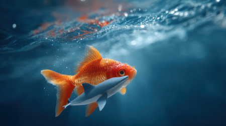 A captivating underwater scene features a vibrant orange goldfish swimming alongside a small shark, showcasing the unexpected beauty of aquatic life.の素材