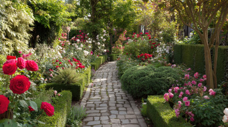 Stroll along a picturesque pathway flanked by an array of vibrant roses and lush greenery, showcasing the beauty of nature in a serene outdoor setting.の素材