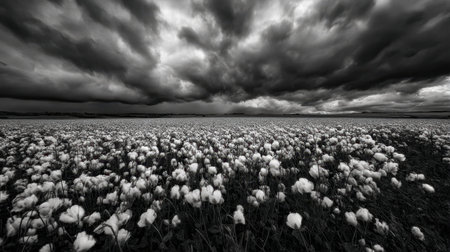 A striking monochrome image featuring a cotton field under a dramatic sky filled with dark storm clouds. The contrasting elements evoke powerful emotions.の素材