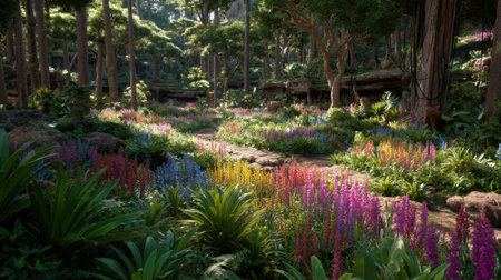 A stunning meadow filled with vibrant wildflowers blooms in a serene landscape, surrounded by lush green trees, captured under bright daylight.の素材
