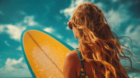 A young woman with long, flowing hair stands on a picturesque beach, preparing to surf. Her vibrant surfboard and the sunlit ocean create a joyful, adventurous scene.の素材