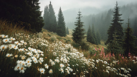 A serene misty forest landscape featuring vibrant wildflowers and lush evergreen trees, creating a tranquil atmosphere in nature.の素材