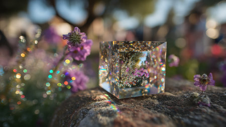 An exquisite crystal cube captures light and reflections, resting on a textured surface surrounded by vibrant flowers, creating an enchanting atmosphere.の素材