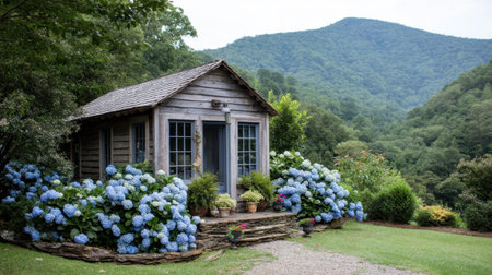 This image showcases a charming wooden cabin nestled amidst vibrant hydrangeas and lush greenery, set against a breathtaking mountain backdrop.の素材