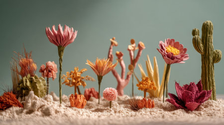 This artistic arrangement features colorful paper flowers and cacti set against a soft background, showcasing unique textures and vibrant colors in a creative display.の素材