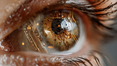 This captivating close-up of a human eye features a stunning reflection of circuit board technology and abstract light effects.の素材