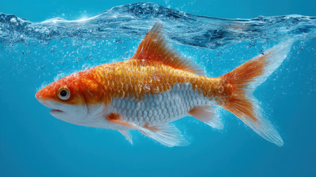 A beautiful koi fish swims gracefully through shimmering blue water, showcasing its vivid orange and white colors, creating a serene underwater scene.の素材