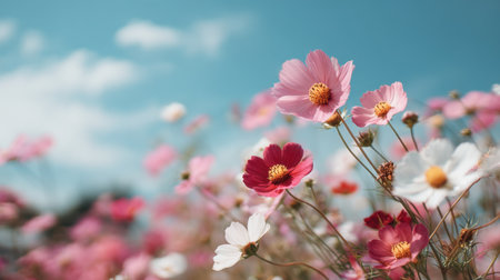 A stunning view of blooming flowers in various colors under a vibrant blue sky with clouds, capturing the essence of nature's beauty and tranquility.の素材