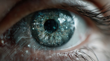 A detailed close-up of a human eye featuring intricate digital effects and circuit patterns, symbolizing the fusion of technology with human vision.の素材