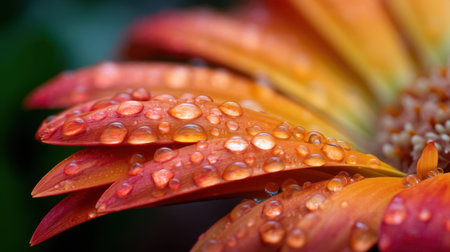 A stunning close-up of vibrant orange flower petals adorned with sparkling water droplets, showcasing the beauty of nature and freshness.の素材
