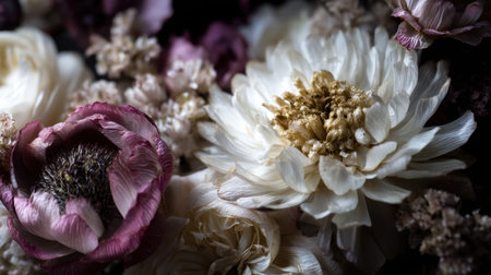 A stunning close-up of a delicate arrangement of dried flowers in soft hues, perfect for adding a romantic touch to decor and creative projects.の素材