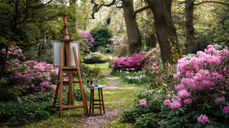 A peaceful garden scene featuring an easel with a blank canvas, surrounded by blooming flowers and lush greenery, perfect for artists.の素材