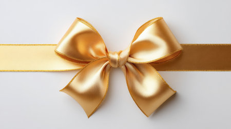 This image features a shiny golden bow placed atop a sleek ribbon, perfect for gift wrapping and decoration. Ideal for celebrations and artistic designs.の素材