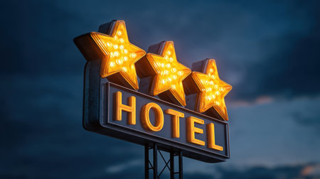 A vibrant three-star hotel sign stands out with glowing lights against a moody twilight sky, perfect for travel-themed projects or hospitality marketing.の素材
