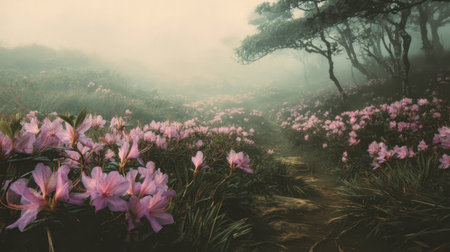 A tranquil and enchanting nature scene filled with mist, vibrant pink flowers, and twisted trees creates a serene atmosphere inviting exploration and reflection.の素材