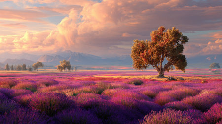 Experience a stunning landscape showcasing vibrant lavender fields bathed in warm sunset light, complemented by majestic clouds and a lone tree.の素材