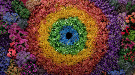 This stunning image showcases a vibrant circular arrangement of colorful flowers and lush greenery, creating a mesmerizing floral pattern. The intricate design features a range of vibrant hues that evoke feelings of joy and serenity, making it a perfect visual for nature and design enthusiasts.の素材