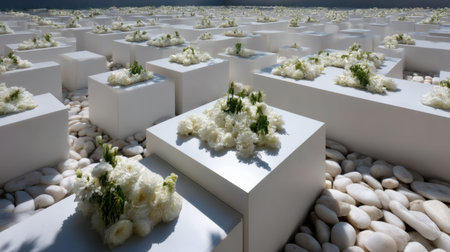 This image captures a serene landscape featuring delicate white flowers arranged on minimalistic structures surrounded by smooth pebbles, evoking tranquility.の素材