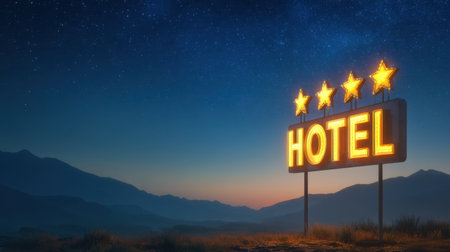 A captivating four-star hotel sign shines brilliantly at twilight, showcasing its vintage appeal with stars against a serene, starry sky.の素材