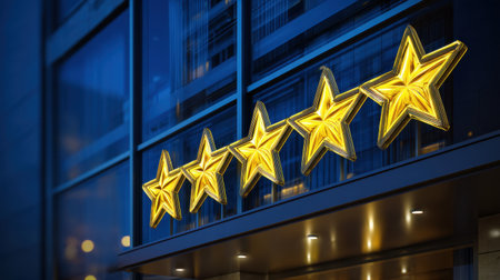 A captivating arrangement of five glowing stars lights up the facade of a modern building at twilight, embodying elegance and charm.の素材