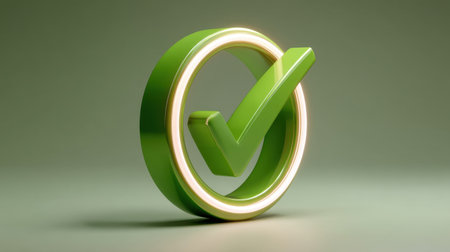A striking 3D green checkmark symbol with a glowing effect showcases themes of success and approval. Ideal for marketing and design projects.の素材