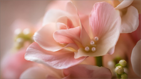 A stunning close-up of soft pastel flowers with delicate petals and subtle bead accents, creating a serene and tranquil atmosphere ideal for various floral themes.の素材