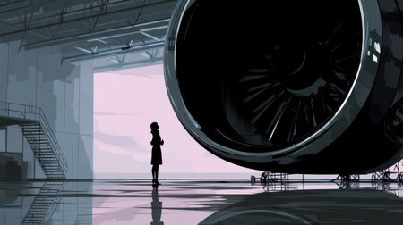 A captivating silhouette of a businesswoman stands in an aircraft hangar, gazing at a massive jet engine. The twilight ambiance creates an atmosphere of innovation and ambition.の素材