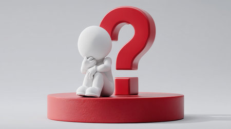 A minimalist 3D design featuring a white character sitting pensively beside a large red question mark on a circular red base, symbolizing contemplation.の素材