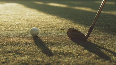 A close-up view of a golf club poised to strike a white ball resting on lush green grass, illuminated by soft morning light with gentle shadows.の素材
